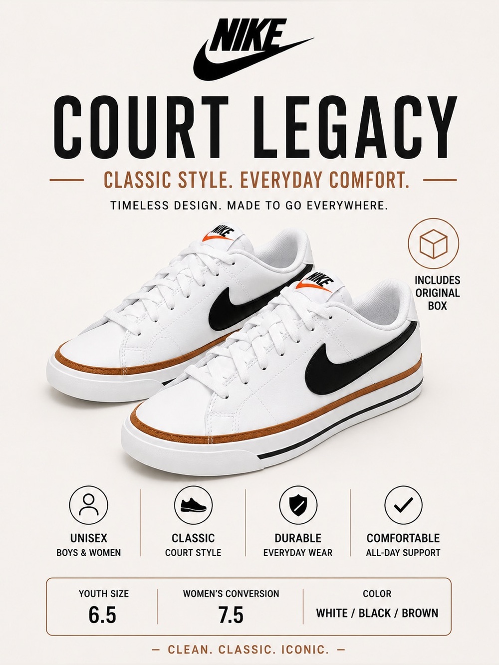 Nike Court Legacy Sneakers in white and brown Youth boys 6.5  wmns 7.5  NWT